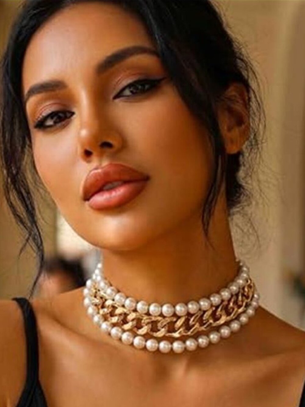 Gold Tone Cuban Link Choker Faux Pearl Boho Statement Necklace for Women